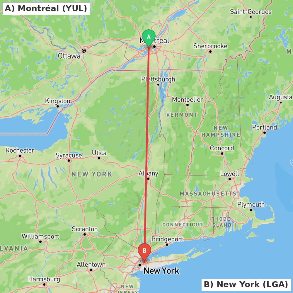 Flight route map from Montréal to New York