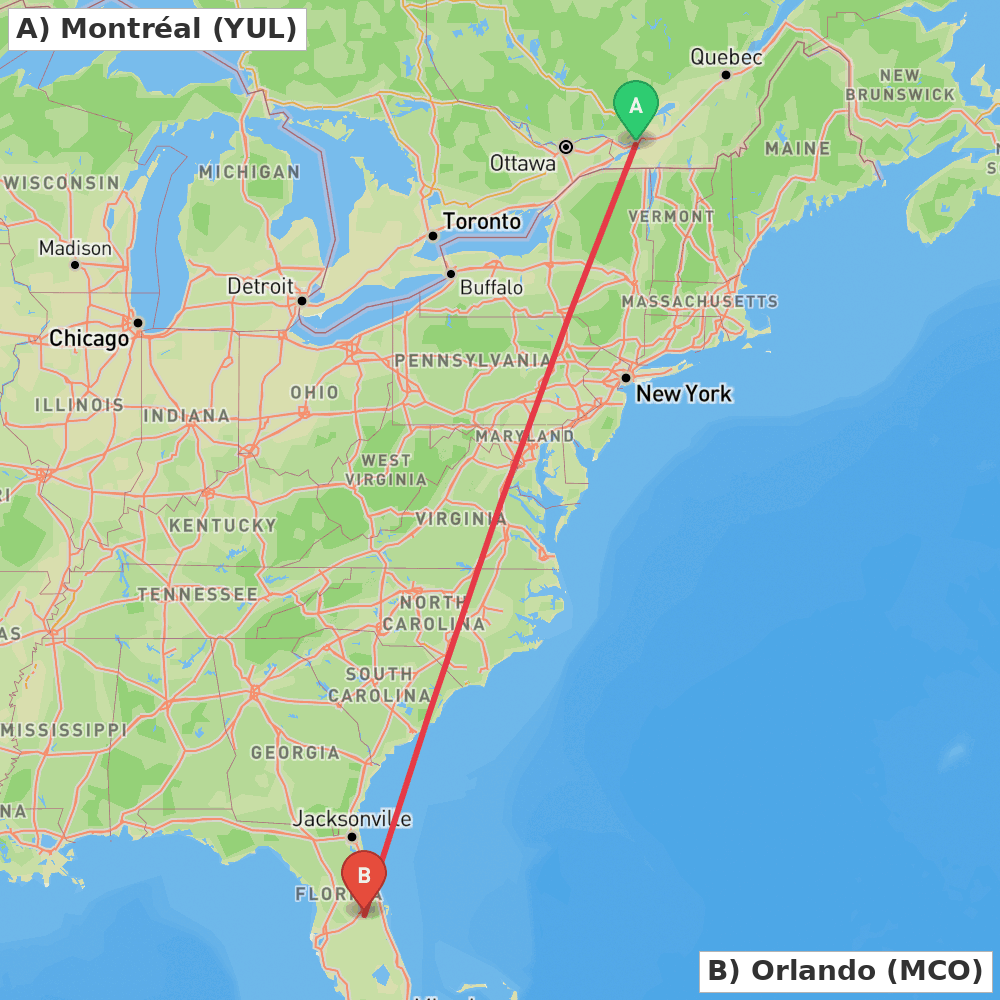 Flight route map from Montréal to Orlando
