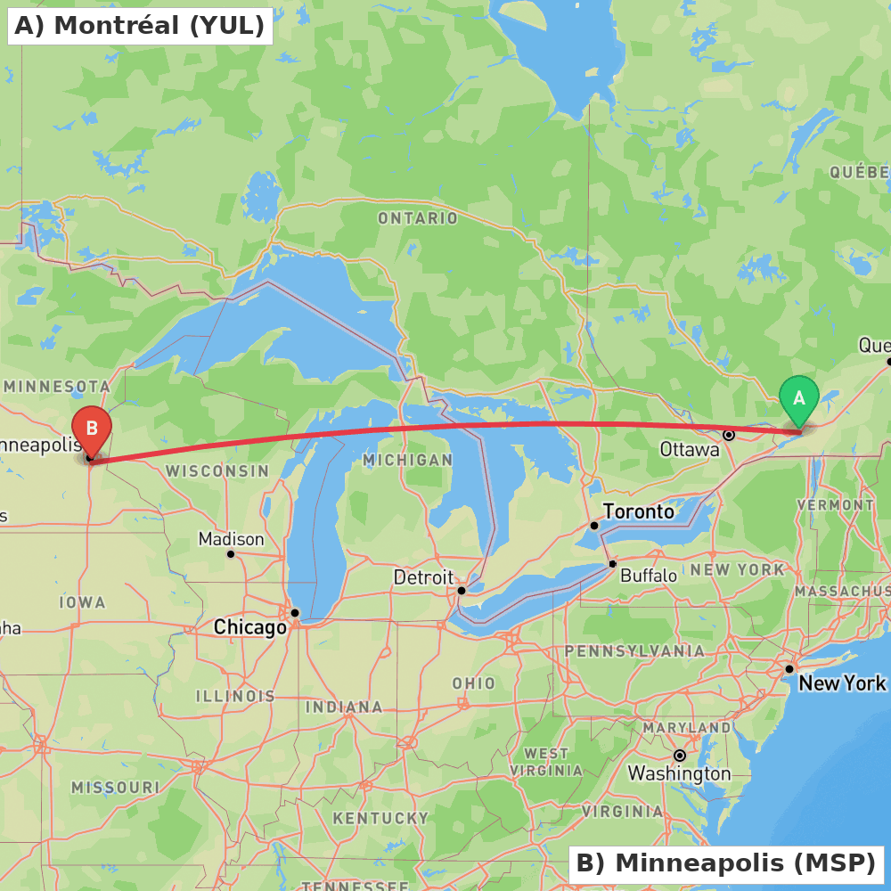 Flight route map from Montréal to Minneapolis