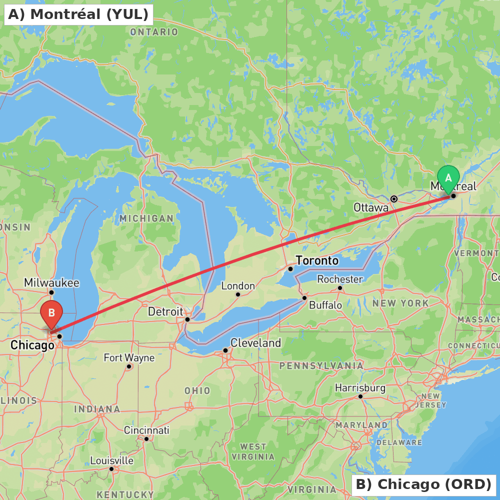 Flight route map from Montréal to Chicago