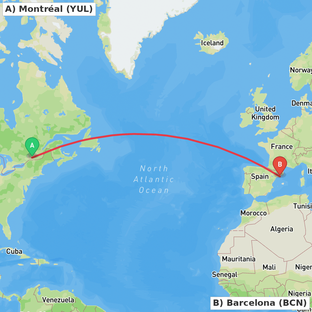 Flight route map from Montréal to Barcelona