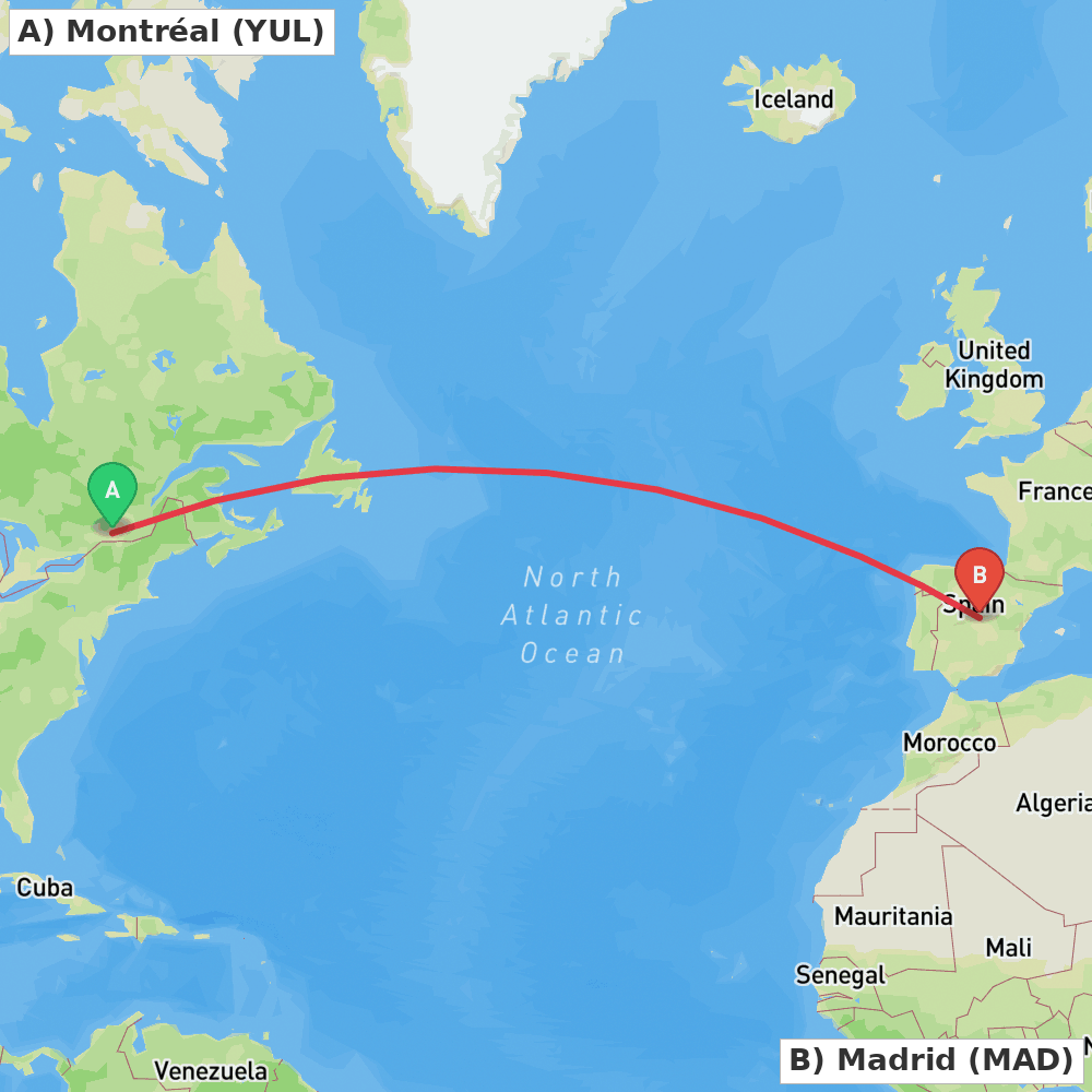 Flight route map from Montréal to Madrid