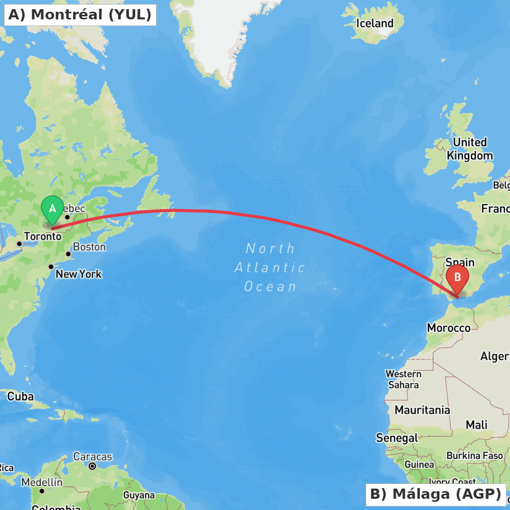 Flight route map from Montréal to Málaga