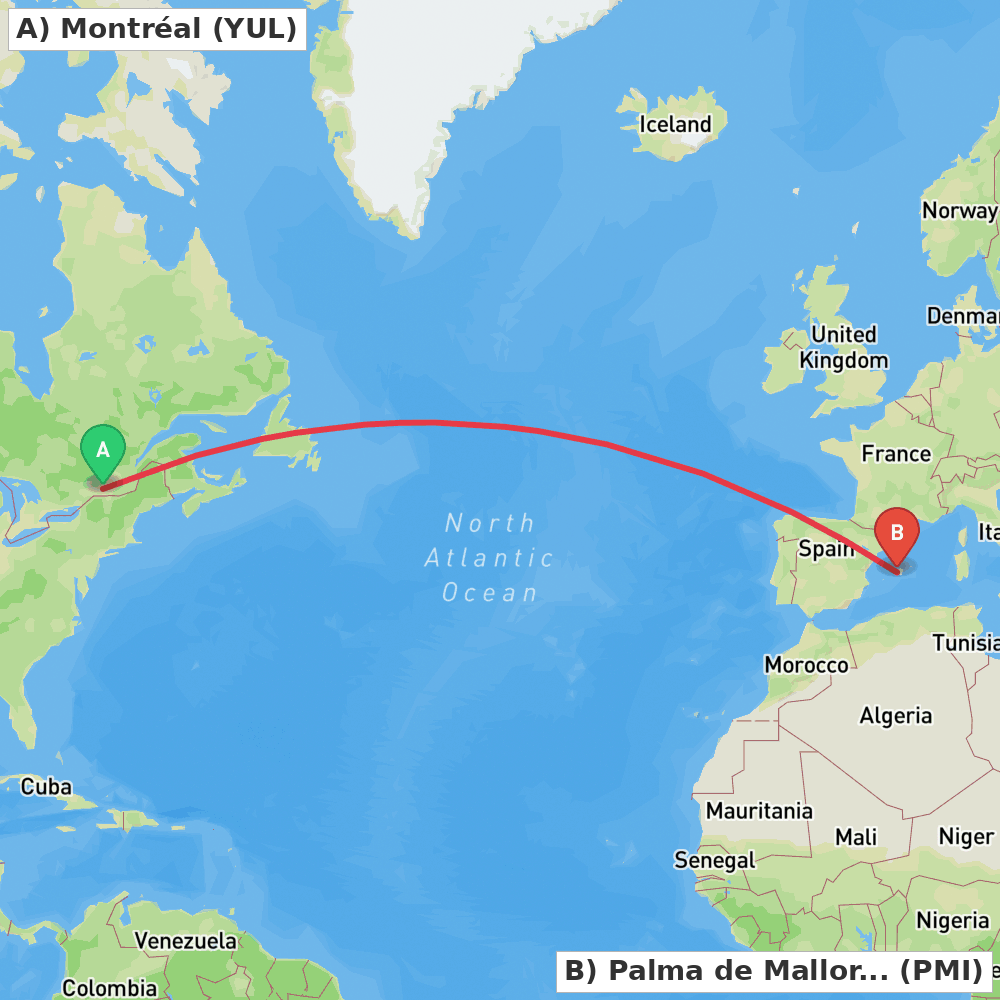 Flight route map from Montréal to Palma de Mallorca