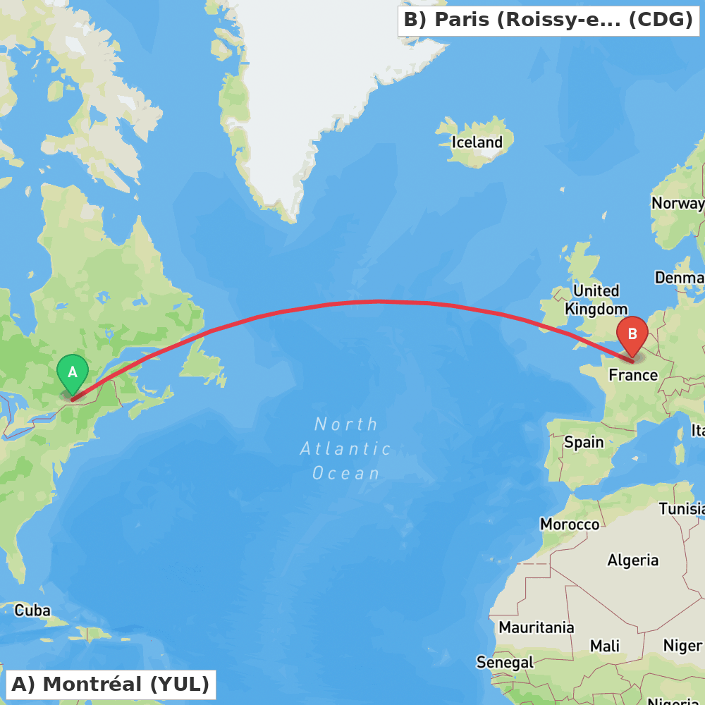 Flight route map from Montréal to Paris (Roissy-en-France, Val-d'Oise)