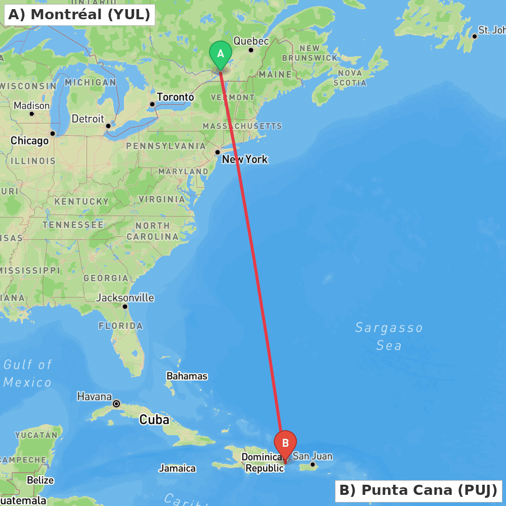 Flight route map from Montréal to Punta Cana