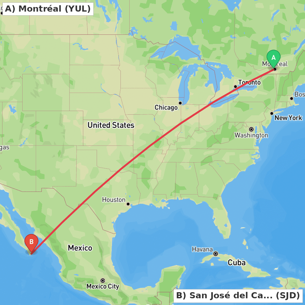 Flight route map from Montréal to San José del Cabo