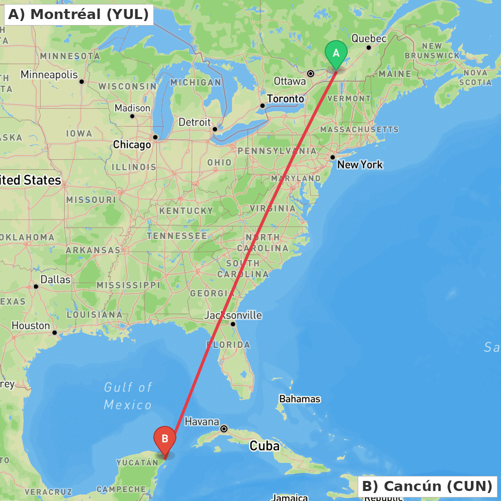 Flight route map from Montréal to Cancún