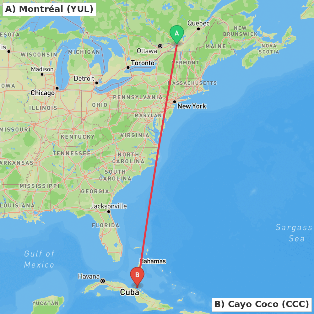 Flight route map from Montréal to Cayo Coco