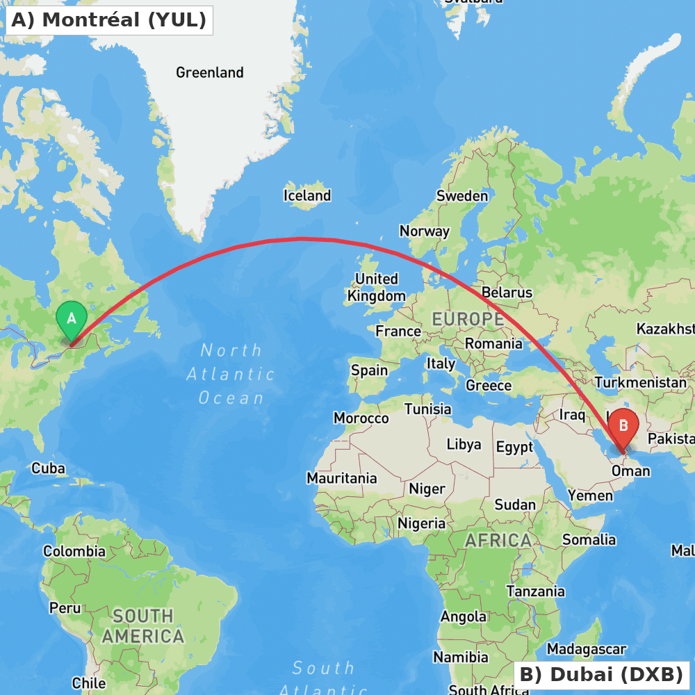 Flight route map from Montréal to Dubai