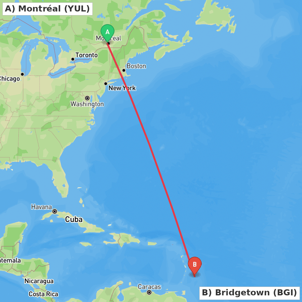 Flight route map from Montréal to Bridgetown