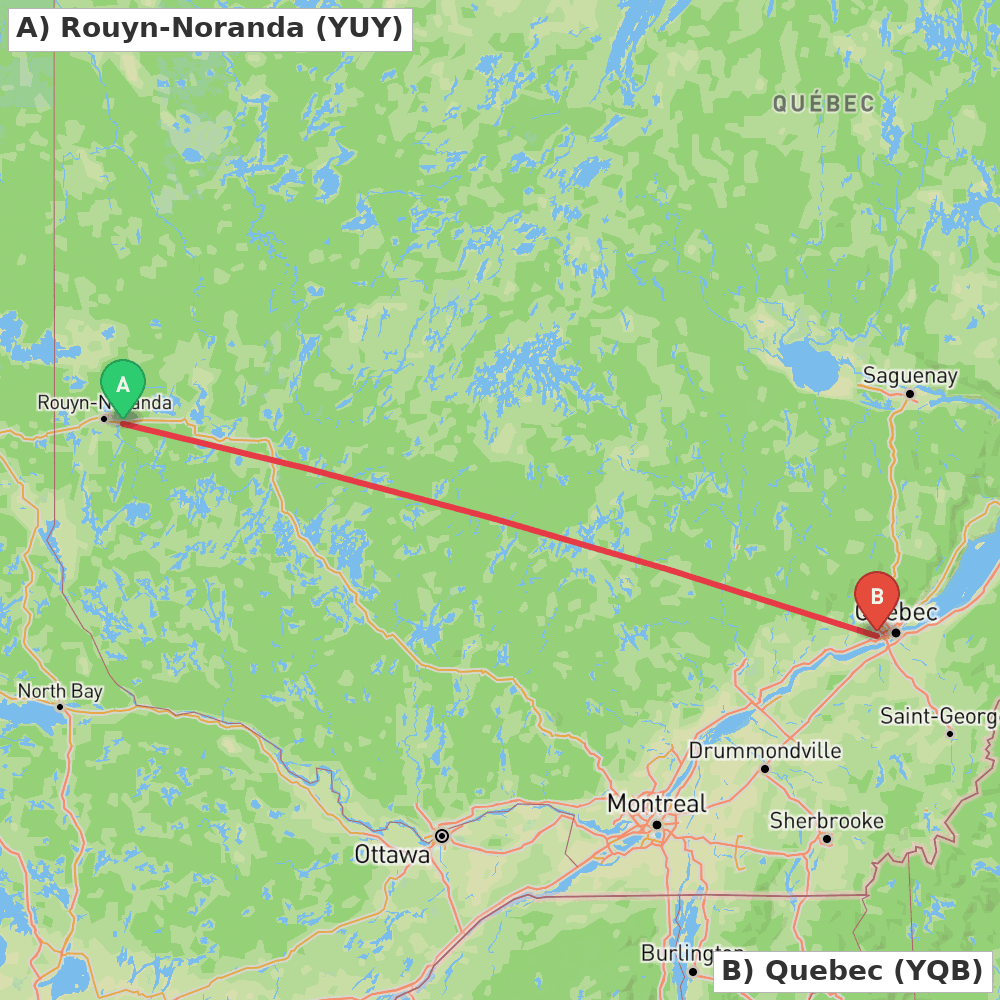 Flight route map from Rouyn-Noranda to Quebec