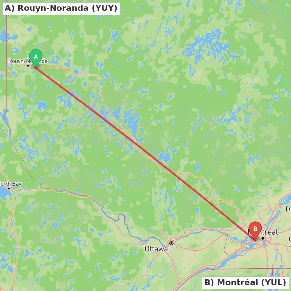 Flight route map from Rouyn-Noranda to Montréal
