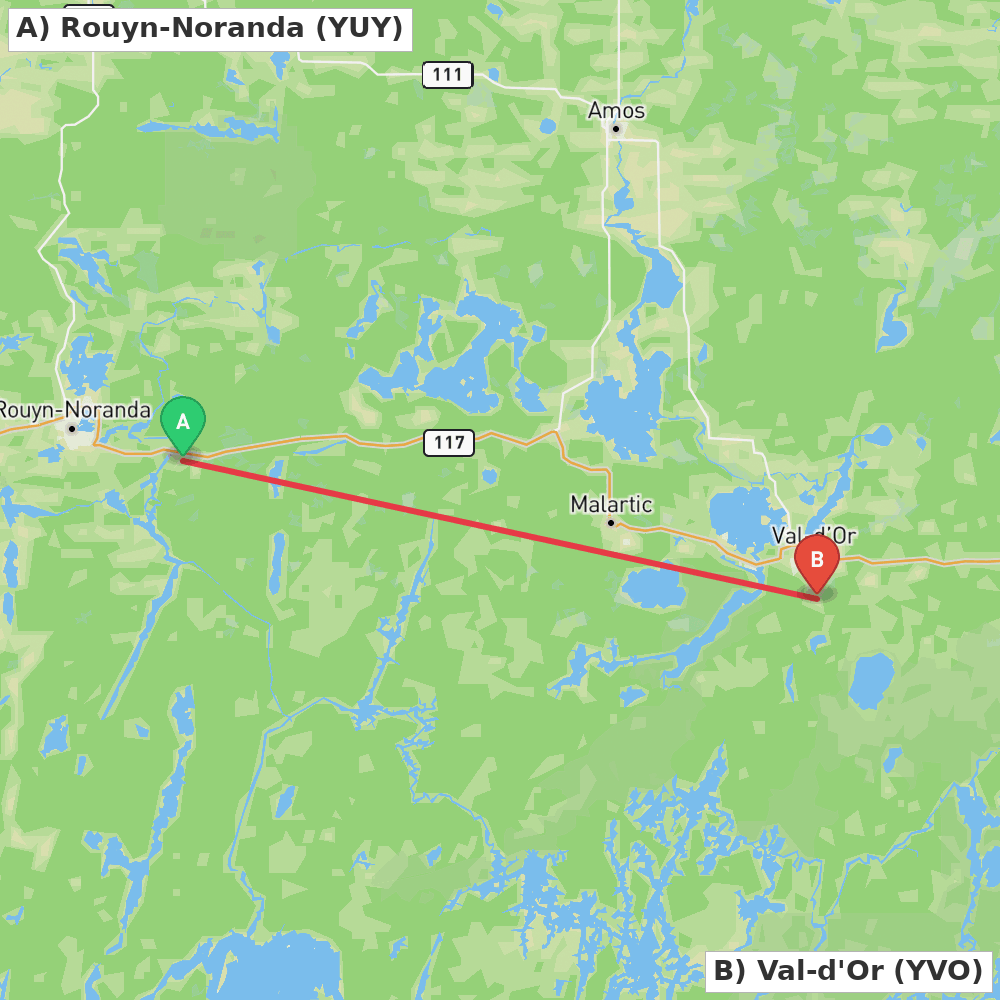 Flight route map from Rouyn-Noranda to Val-d'Or