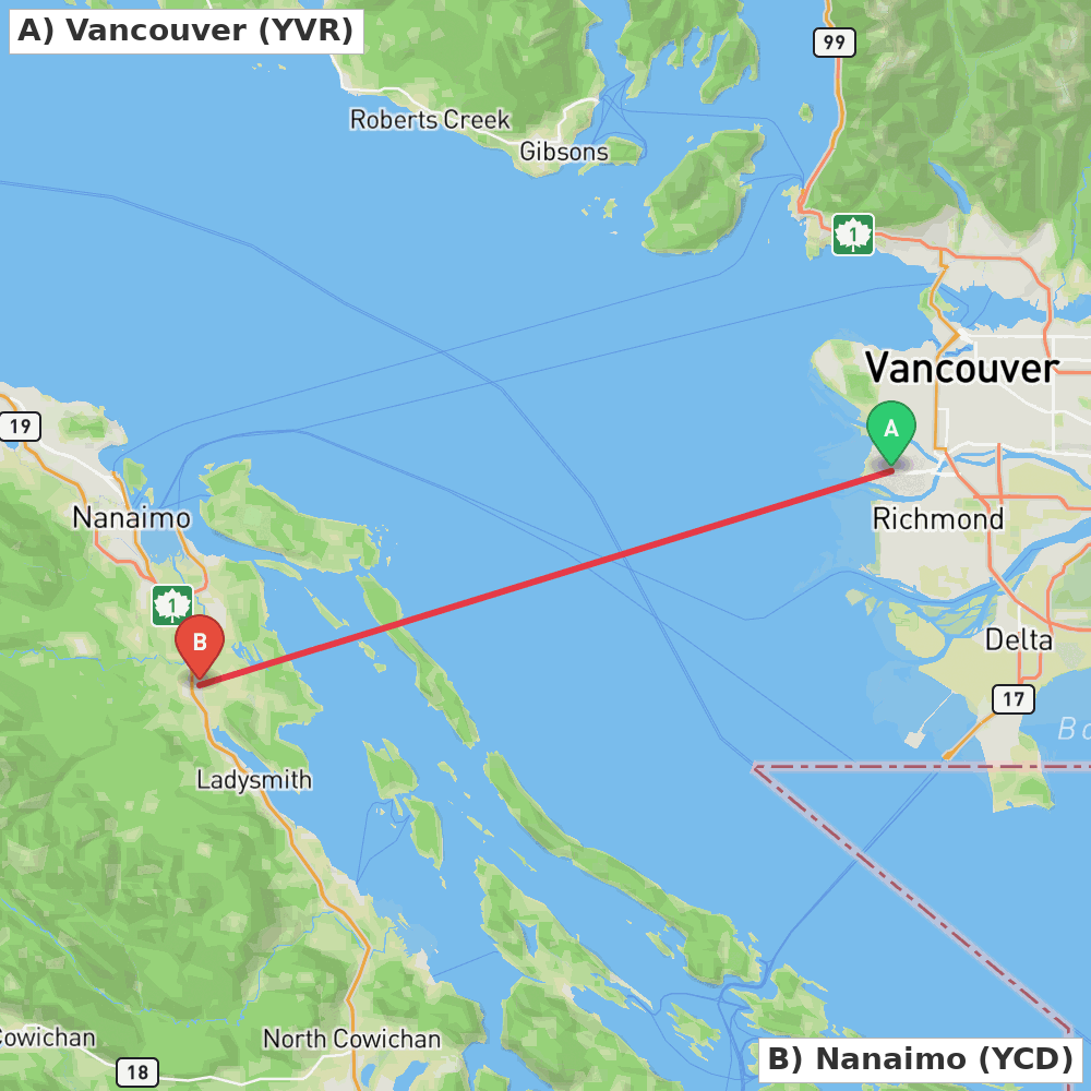 Flight route map from Vancouver to Nanaimo
