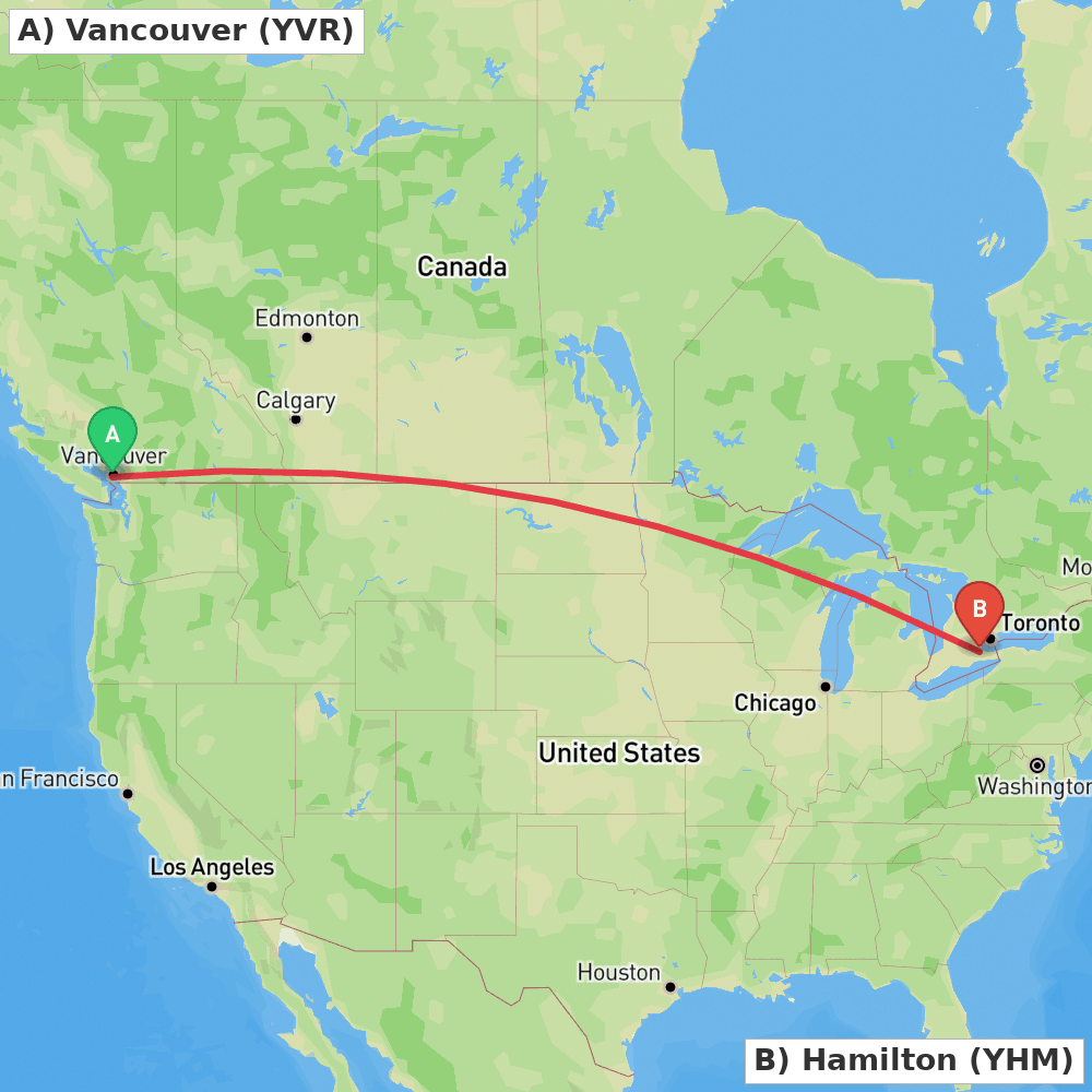 Flight route map from Vancouver to Hamilton