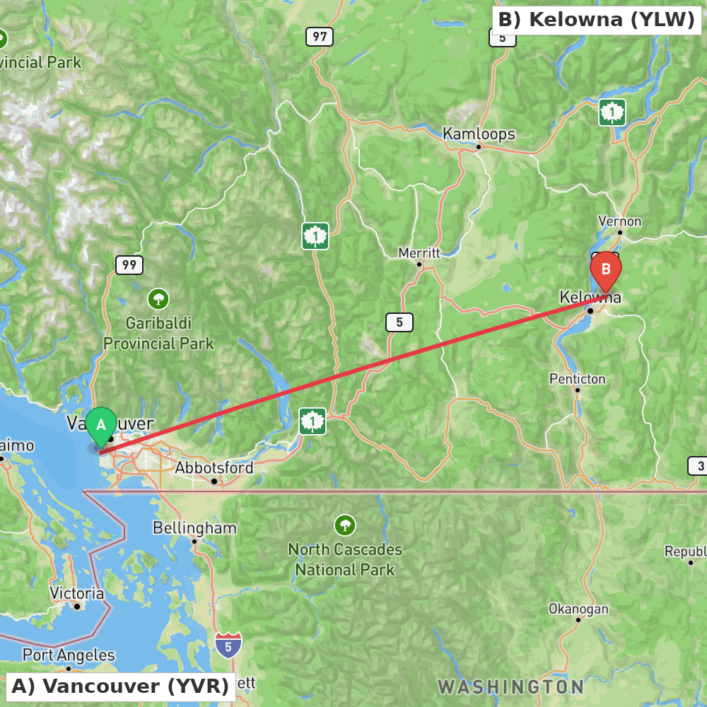 Flight route map from Vancouver to Kelowna