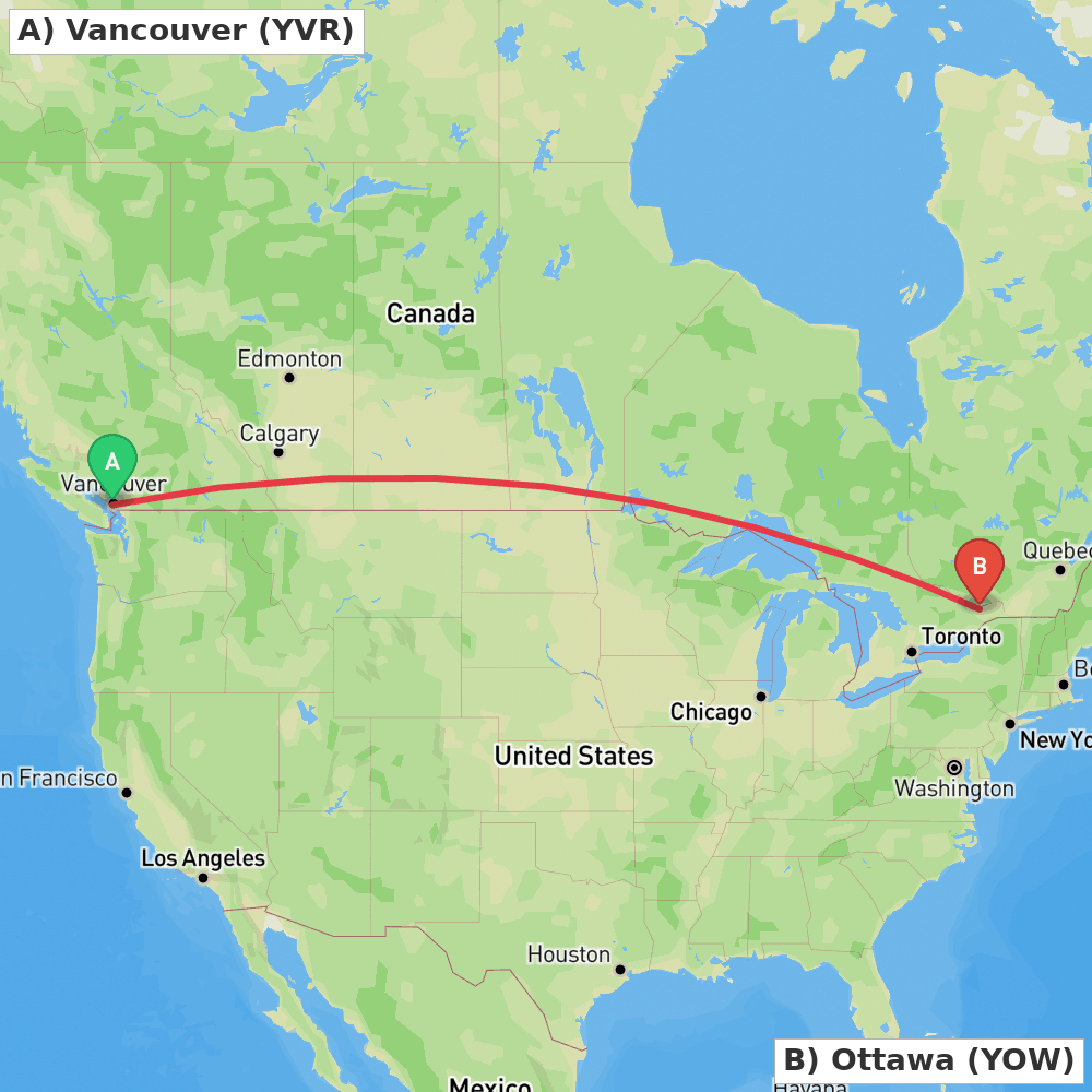 Flight route map from Vancouver to Ottawa