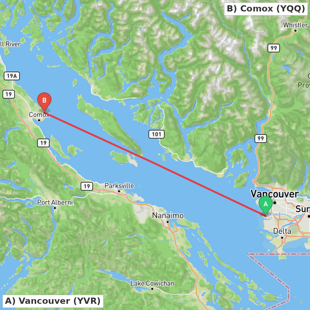 Flight route map from Vancouver to Comox
