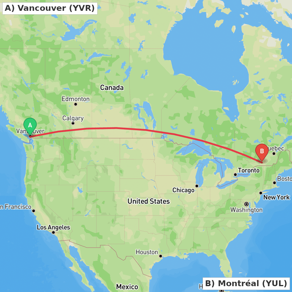 Flight route map from Vancouver to Montréal
