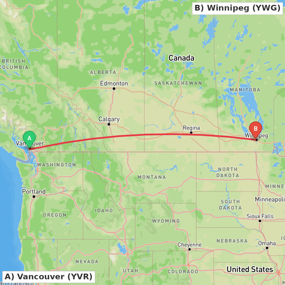 Flight route map from Vancouver to Winnipeg