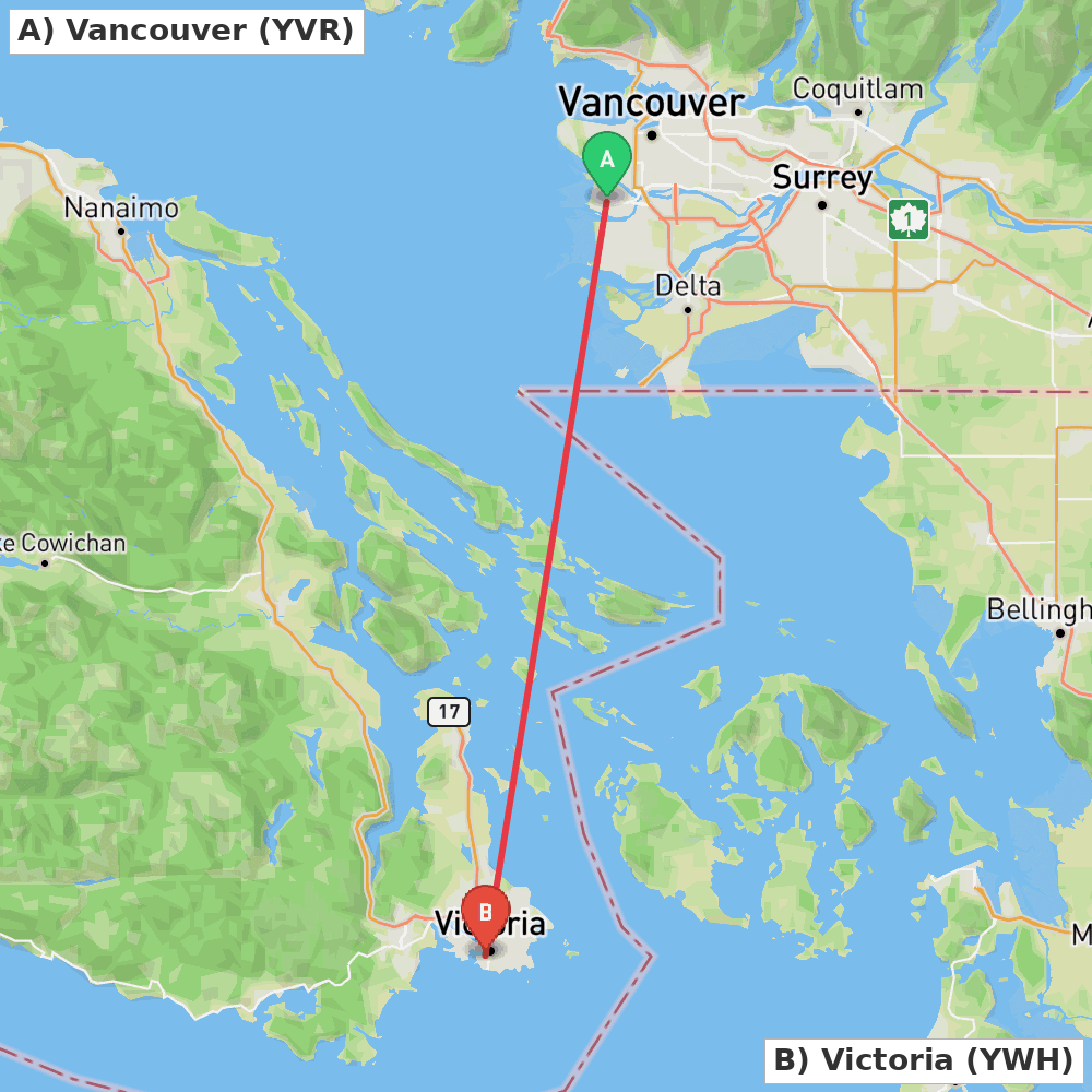 Flight route map from Vancouver to Victoria