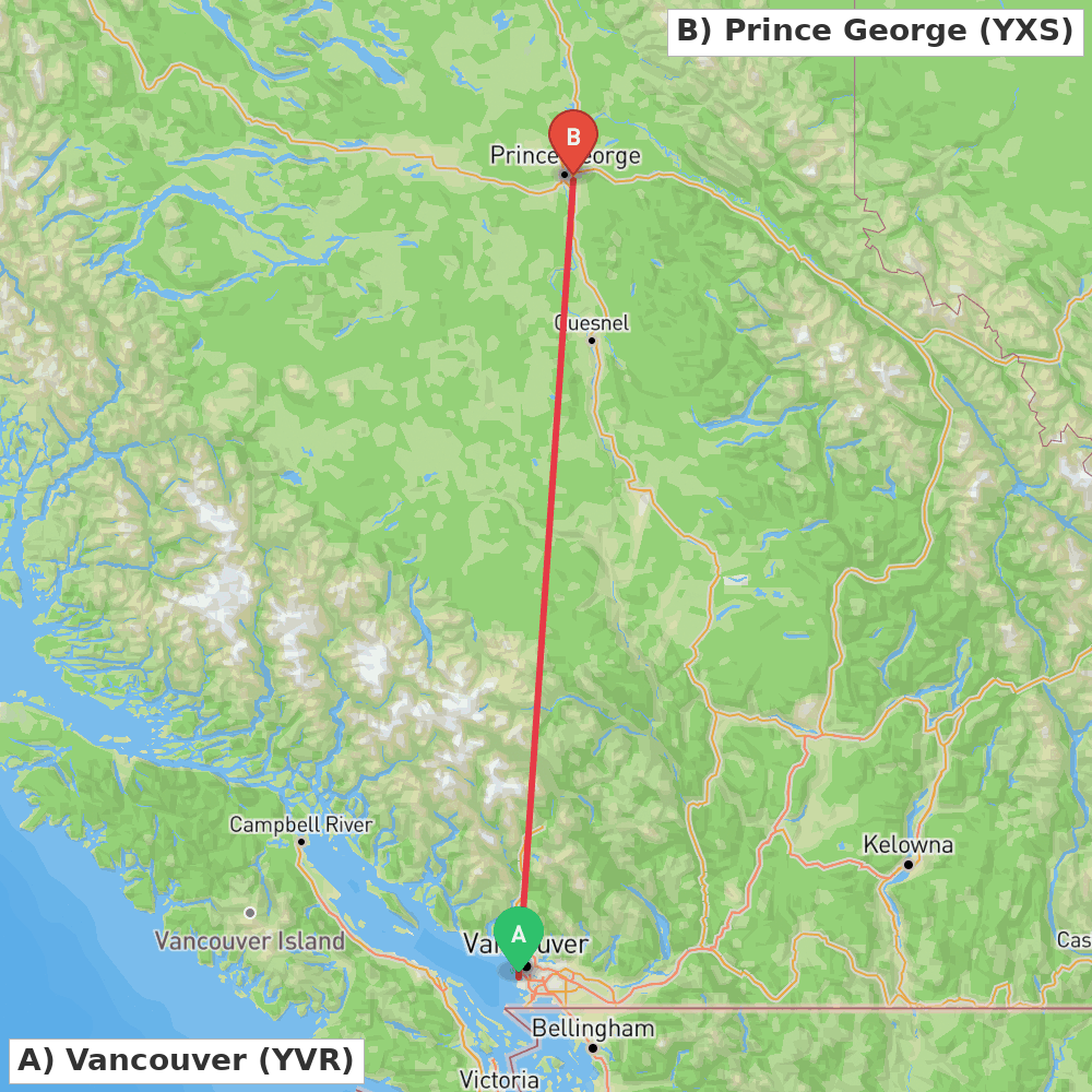 Flight route map from Vancouver to Prince George