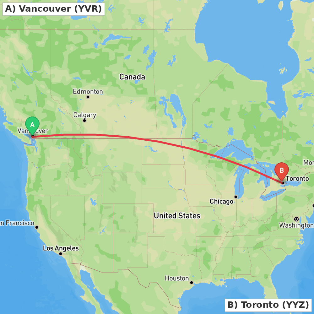 Flight route map from Vancouver to Toronto