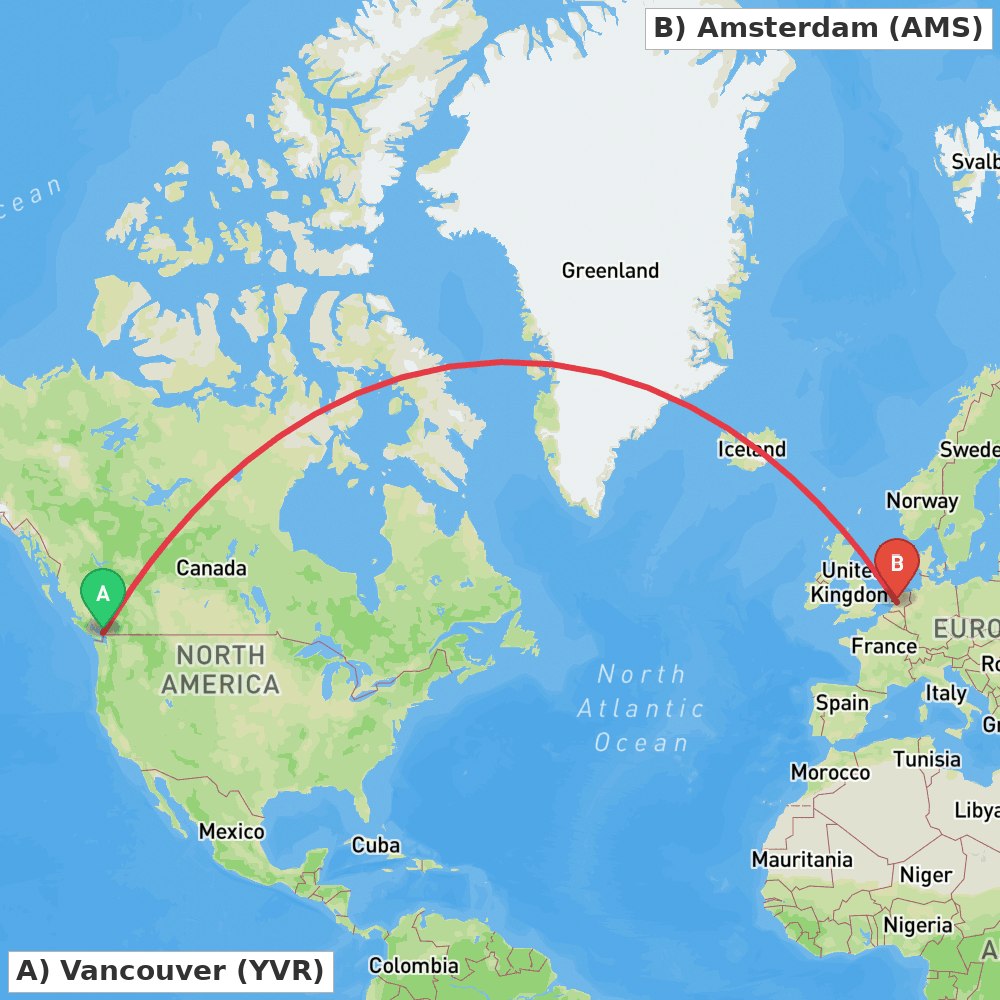 Flight route map from Vancouver to Amsterdam