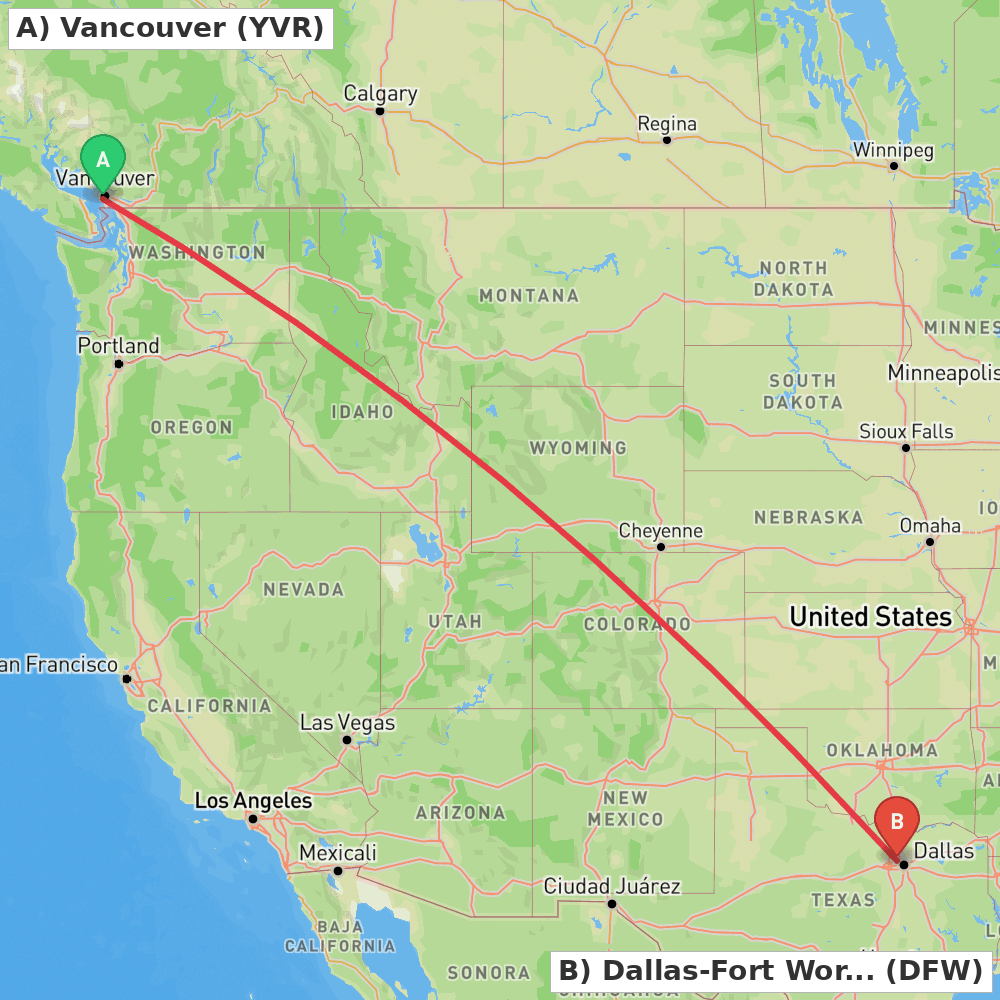 Flight route map from Vancouver to Dallas-Fort Worth