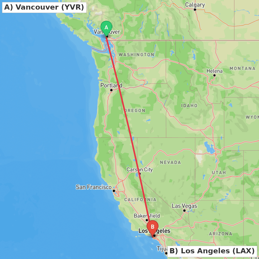 Flight route map from Vancouver to Los Angeles
