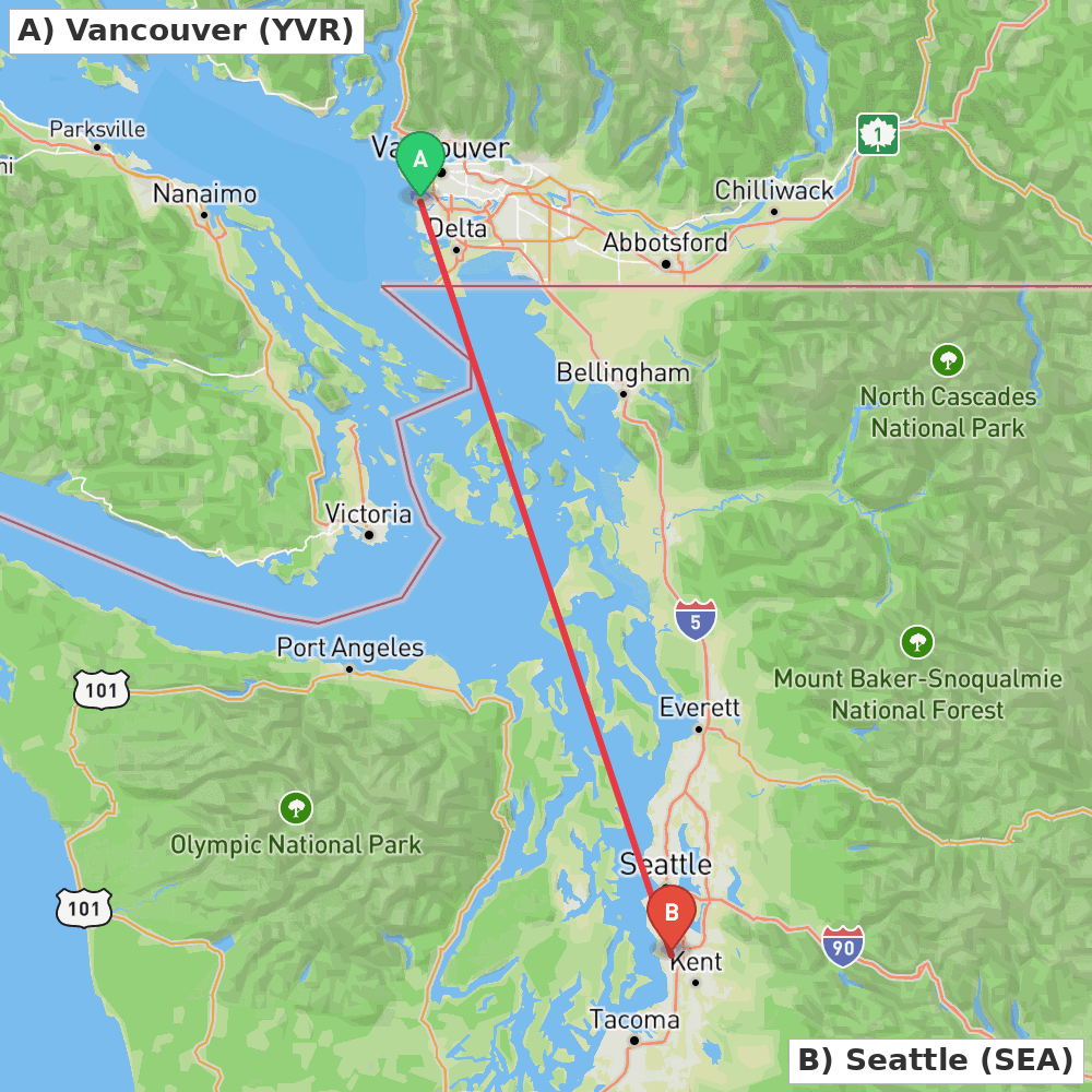 Flight route map from Vancouver to Seattle