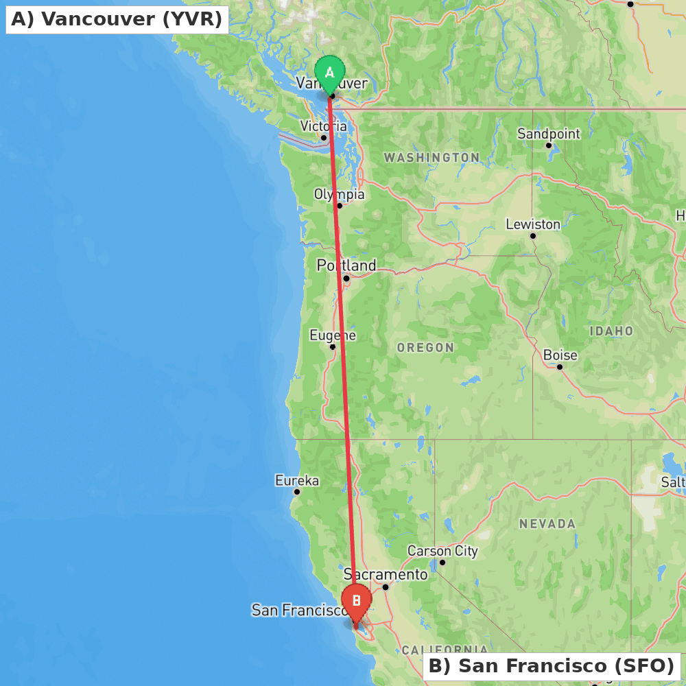 Flight route map from Vancouver to San Francisco