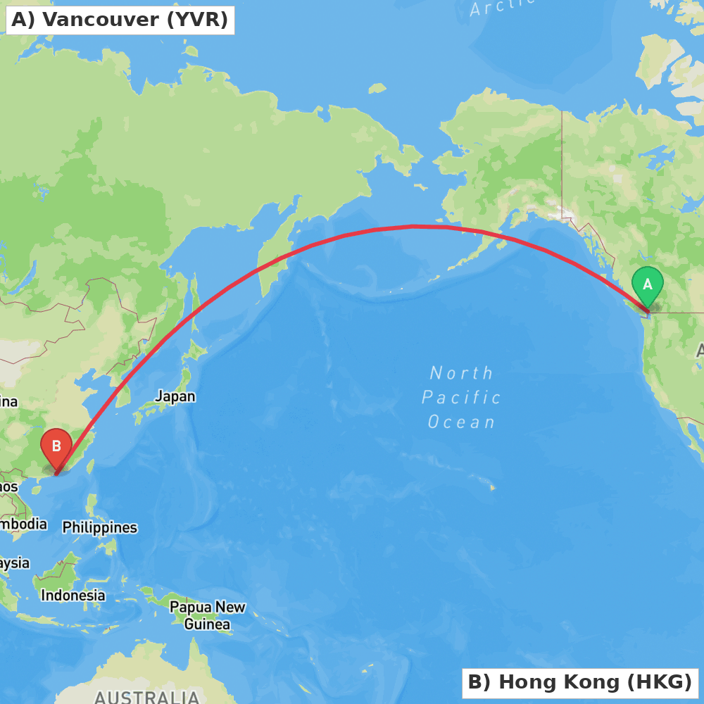 Flight route map from Vancouver to Hong Kong