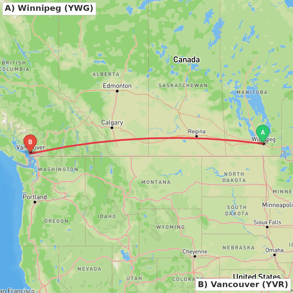 Flight route map from Winnipeg to Vancouver