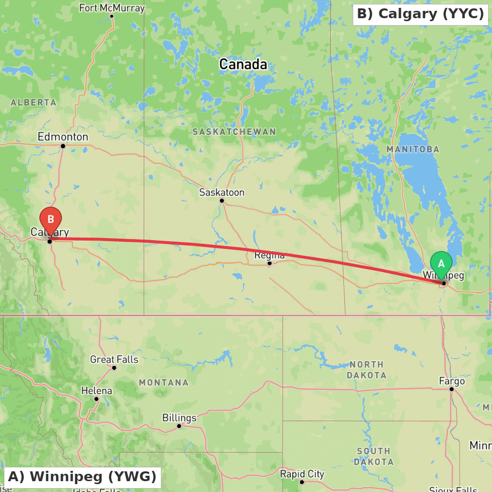 Flight route map from Winnipeg to Calgary