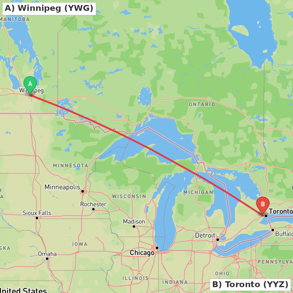Flight route map from Winnipeg to Toronto
