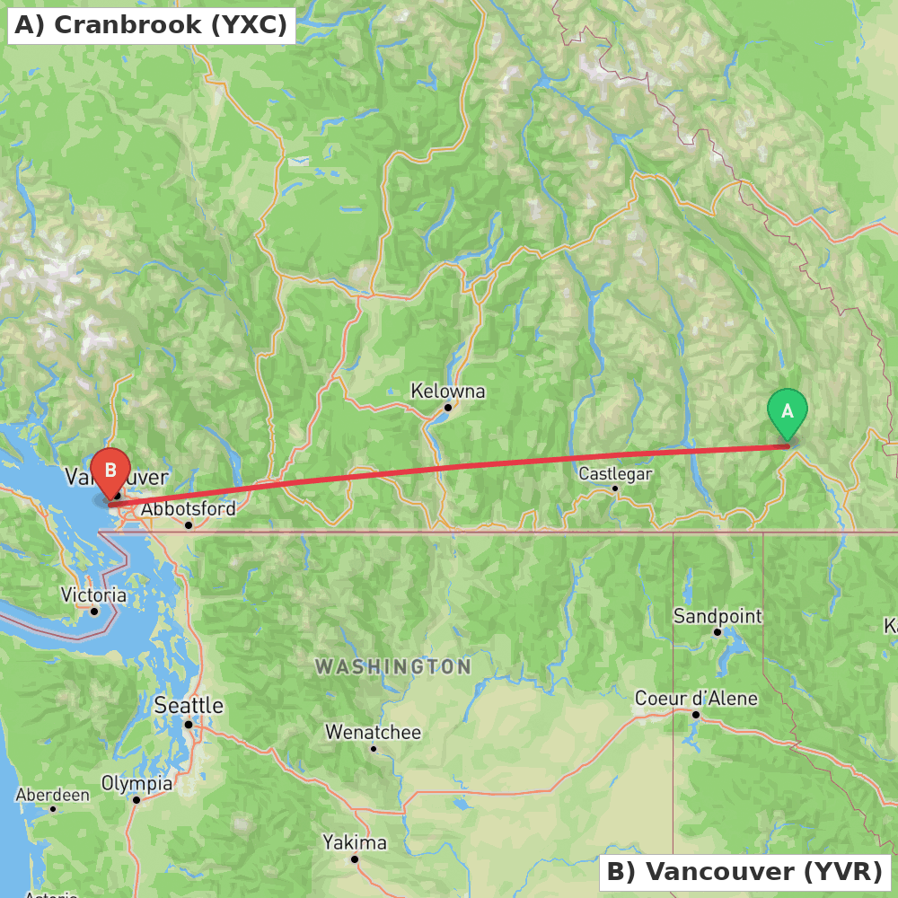Flight route map from Cranbrook to Vancouver