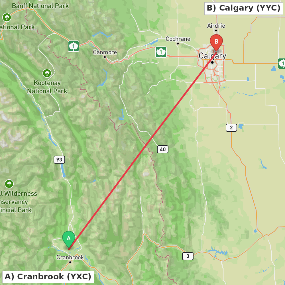 Flight route map from Cranbrook to Calgary