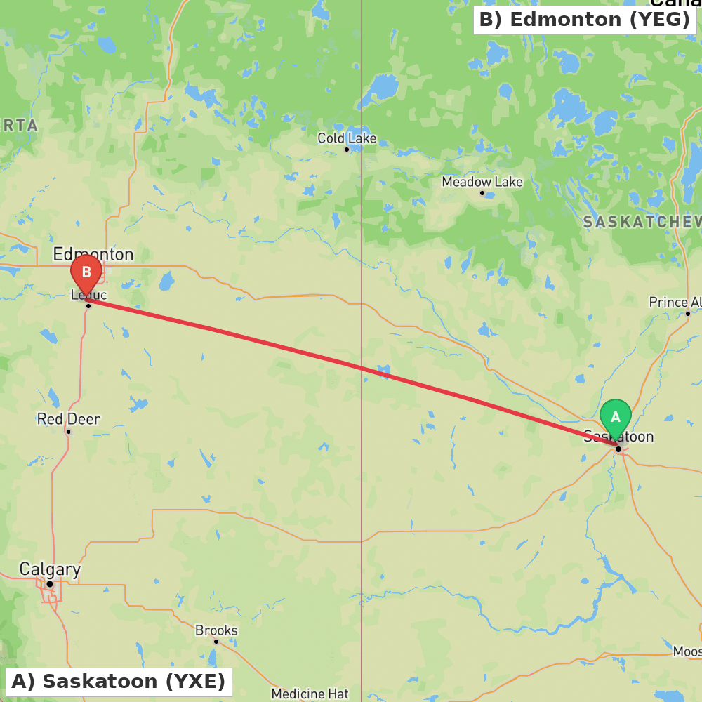 Flight route map from Saskatoon to Edmonton