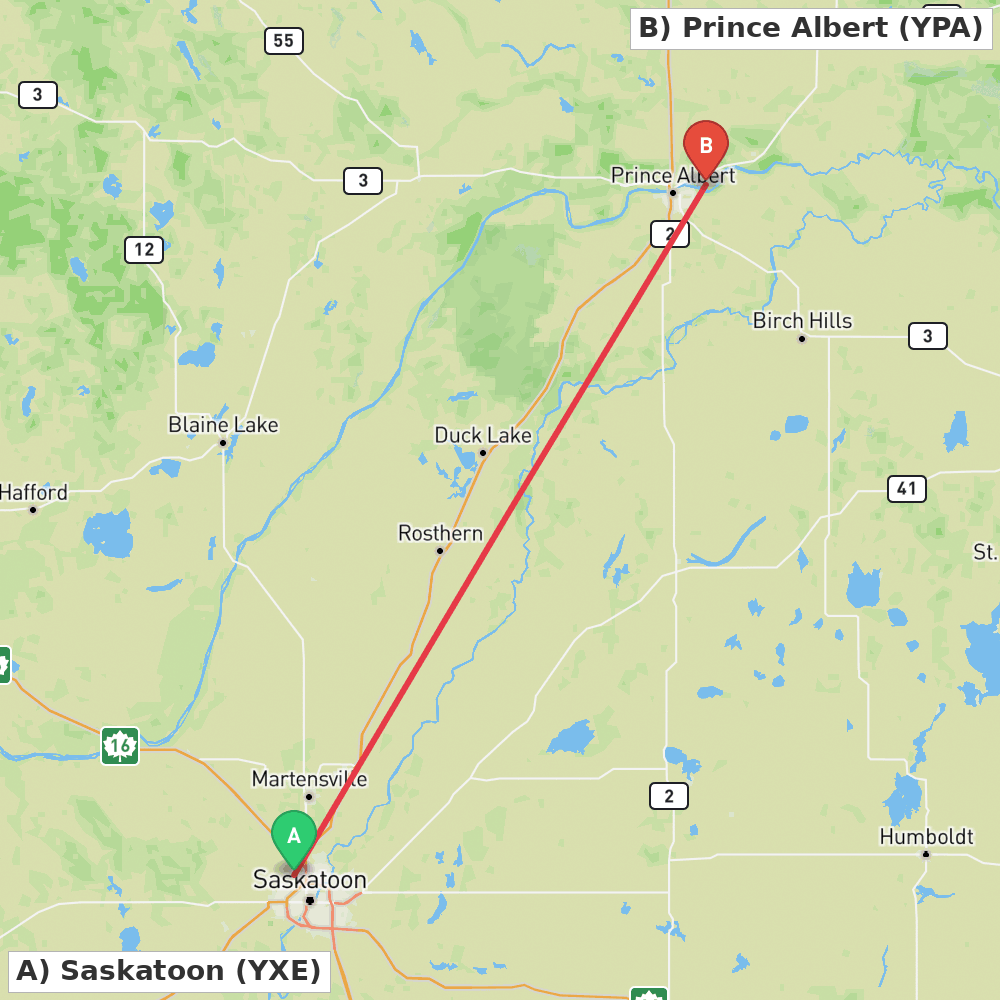 Flight route map from Saskatoon to Prince Albert
