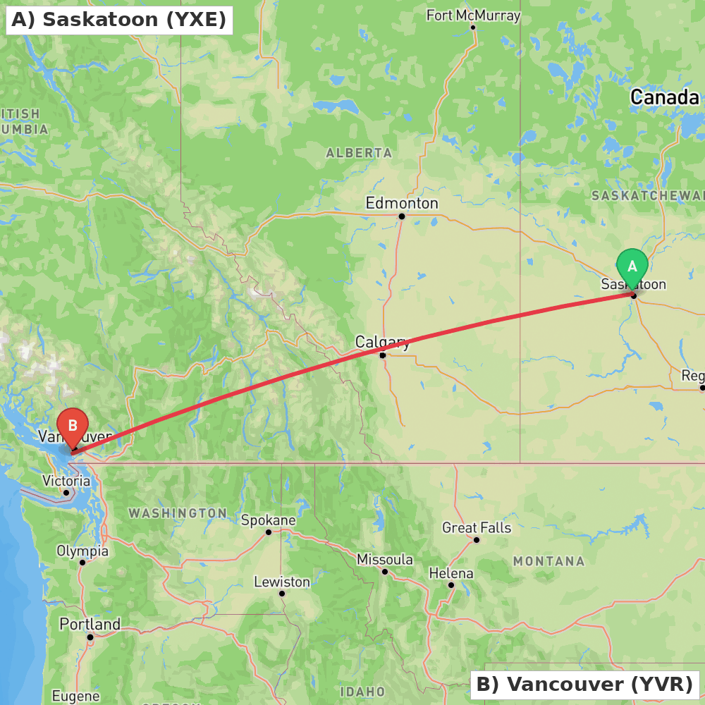 Flight route map from Saskatoon to Vancouver