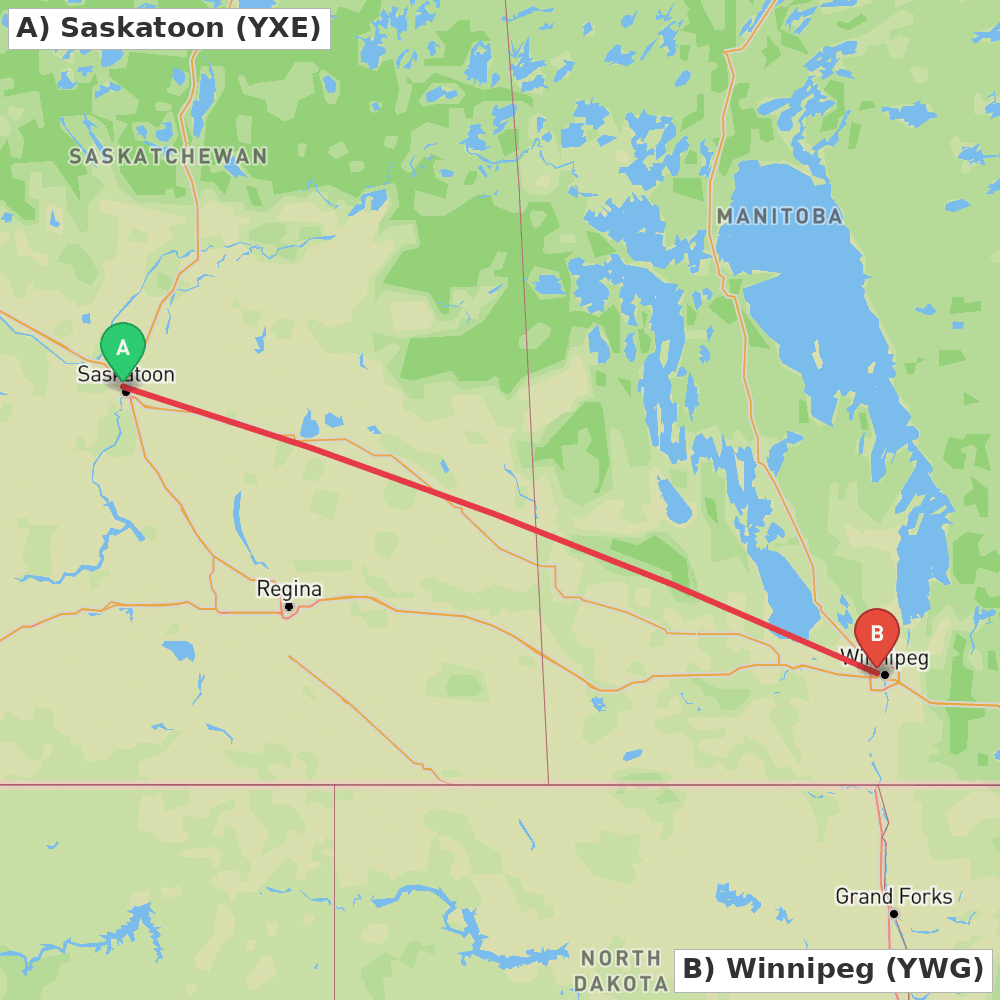 Flight route map from Saskatoon to Winnipeg