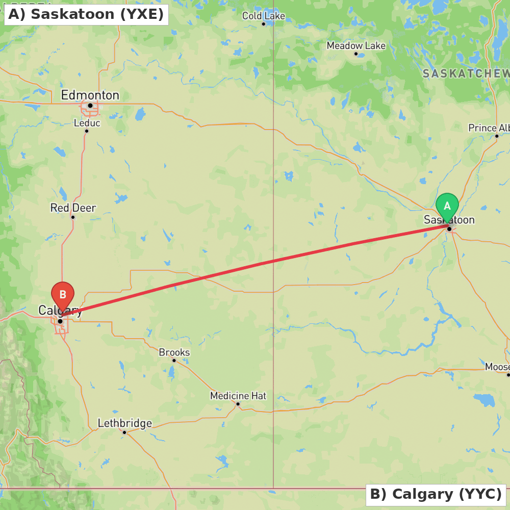 Flight route map from Saskatoon to Calgary