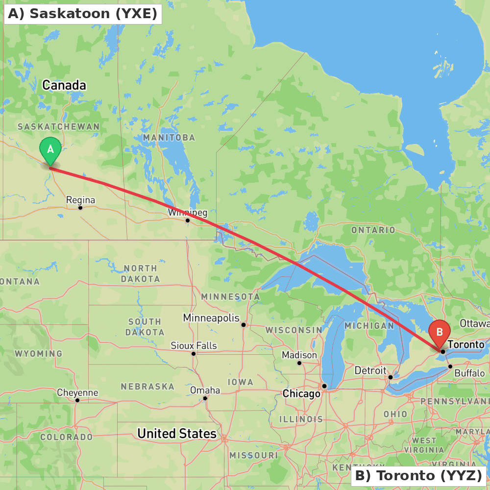 Flight route map from Saskatoon to Toronto