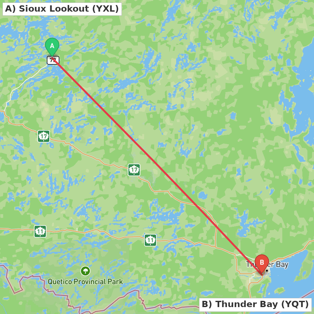 Flight route map from Sioux Lookout to Thunder Bay