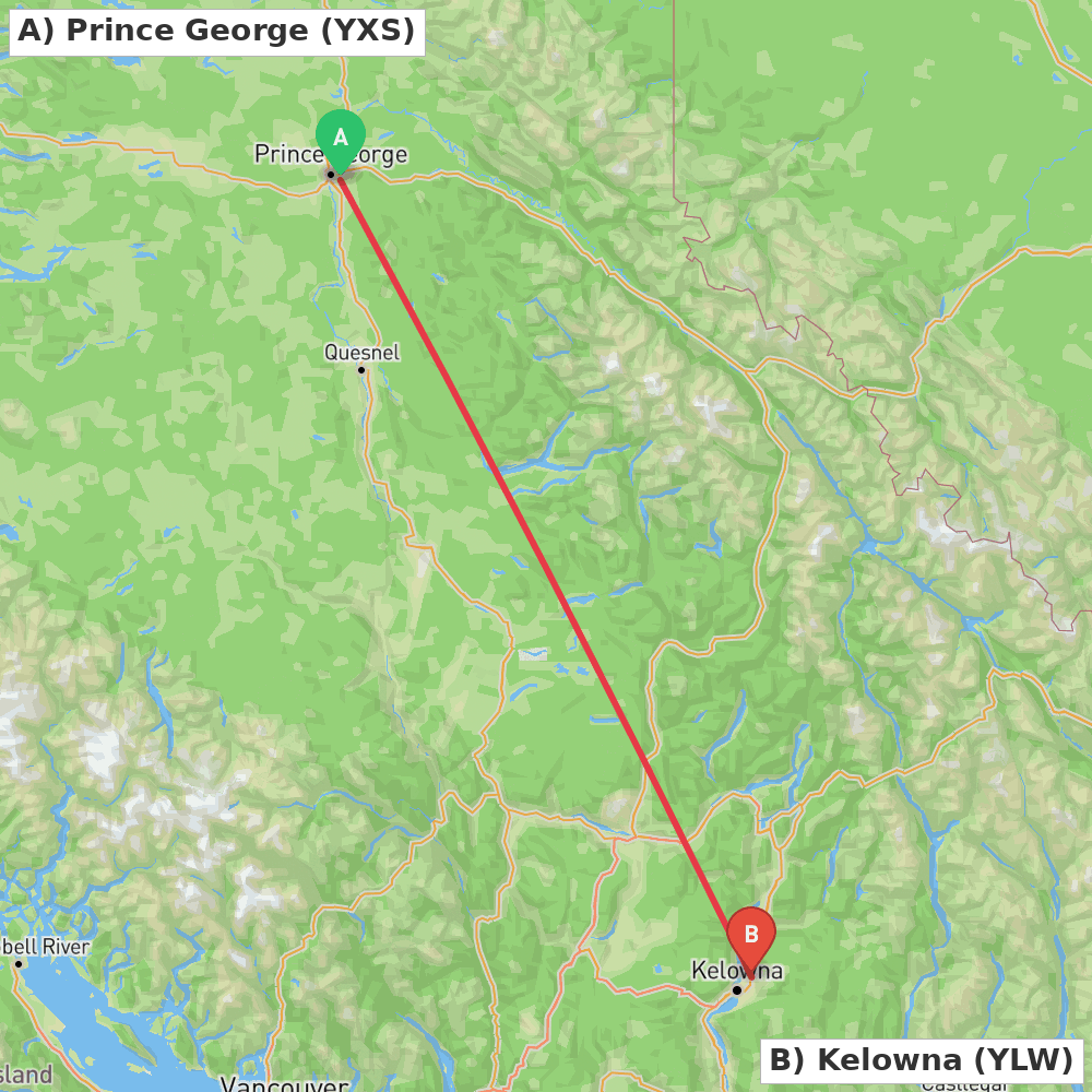 Flight route map from Prince George to Kelowna