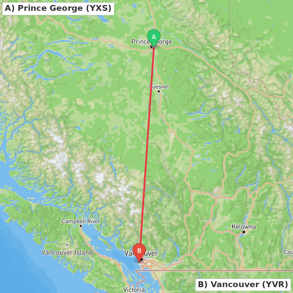 Flight route map from Prince George to Vancouver