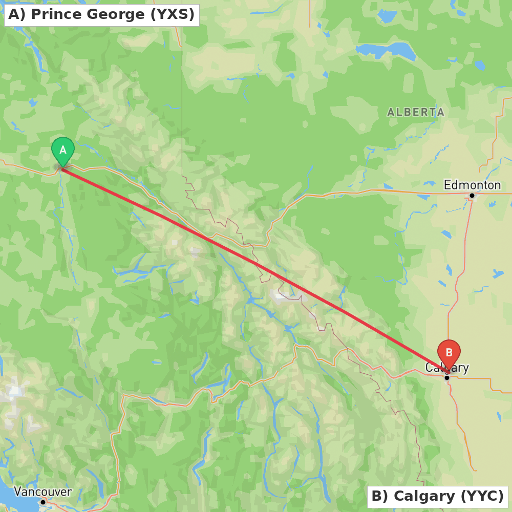 Flight route map from Prince George to Calgary