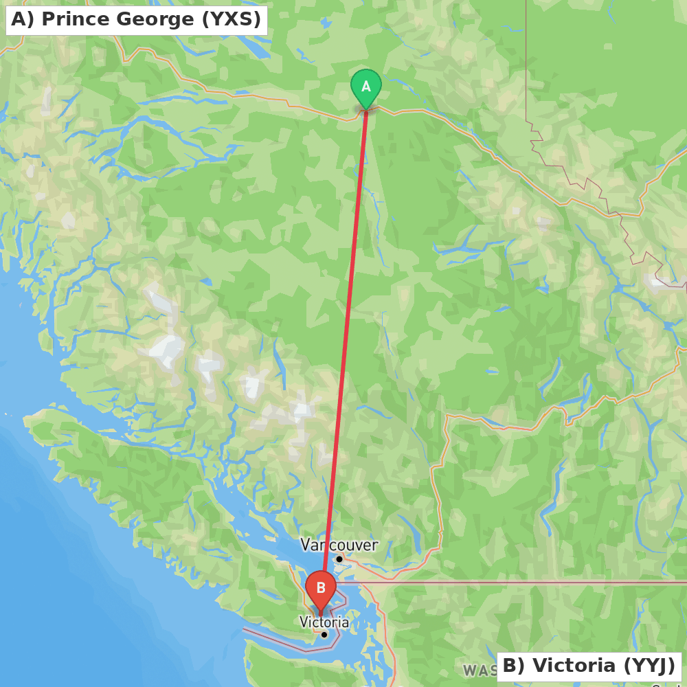 Flight route map from Prince George to Victoria